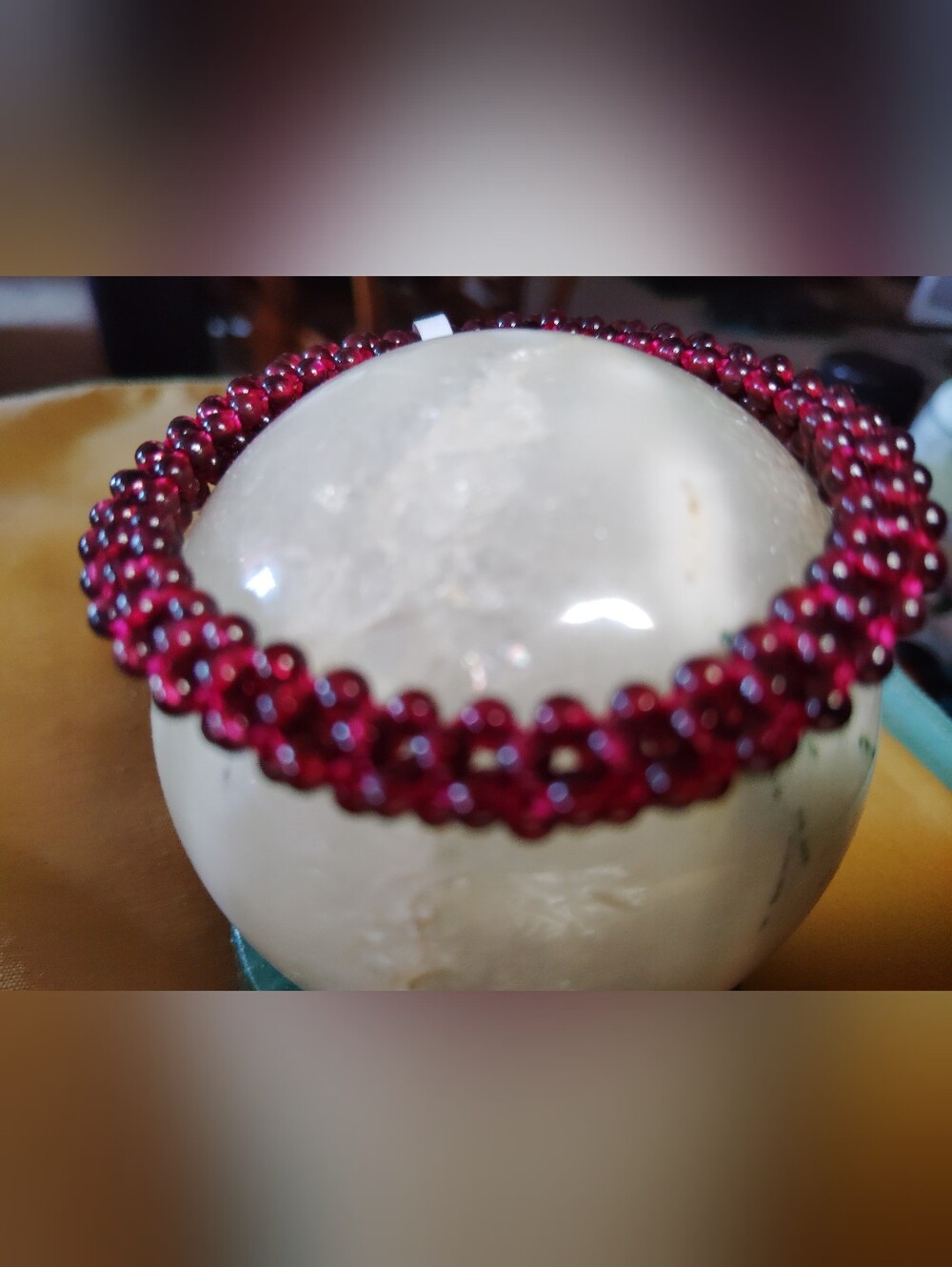 DEEP RUBY RED, GARNET, HAND-TIED MULTI BEADED STRETCH BRACELET.